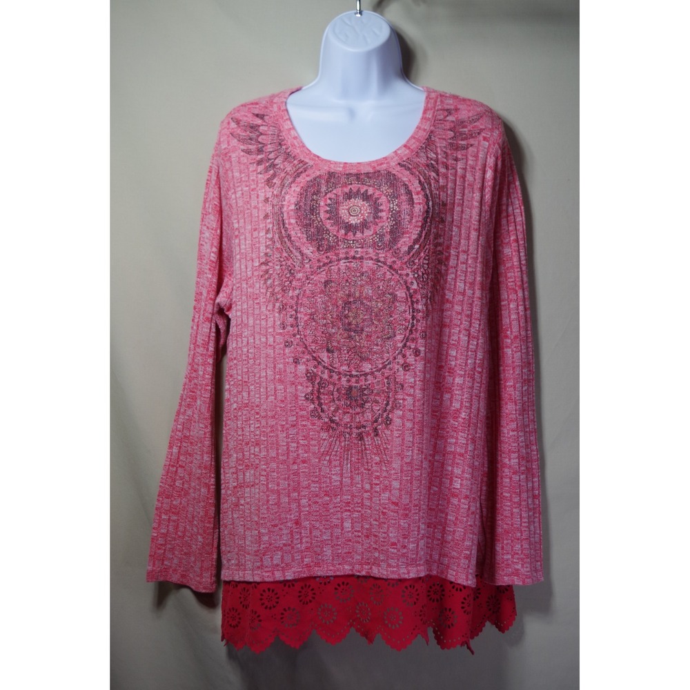 New Directions Weekend Pink Ribbed Knit Graphic Top Laser Cut Lace Trim 1X